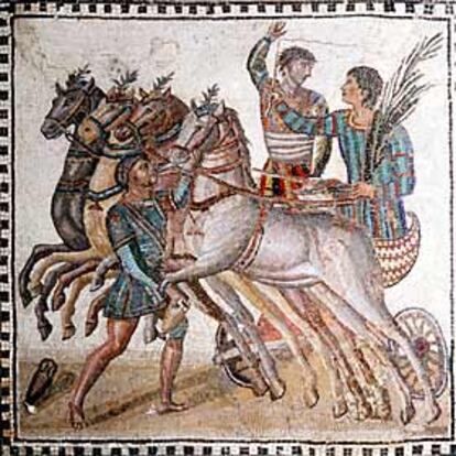 Mosaico de cuadriga. Roma, siglo III (Museo Arqueológico Nacional, Madrid).