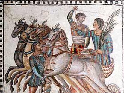 Mosaico de cuadriga. Roma, siglo III (Museo Arqueológico Nacional, Madrid).