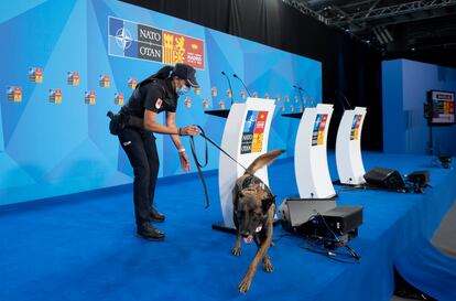 Una agente de Policía Nacional con un perro adiestrado en el dispositivo puesto en marcha para la OTAN, en IFEMA Madrid, este lunes.
