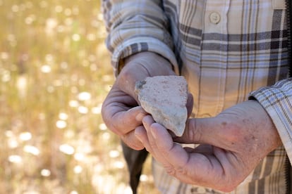 El arqueólogo José Luis Ona sostiene un fragmento de dolia (una tinaja grande) de la época altoimperial hallada en el suelo durante un paseo por la zona en la que ha localizado los restos de una villa romana, en los terrenos en los que Azora construirá su centro de datos.