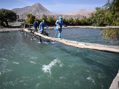 Trabajadores de salud cruzan el río Camaná para inocular a ancianos con dosis de la vacuna Pfizer-BioNTech contra la covid-19, en Arequipa, sur de Perú, el 2 de julio pasado,