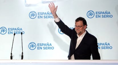 Rajoy at Popular Party headquarters after learning the election results on Sunday.