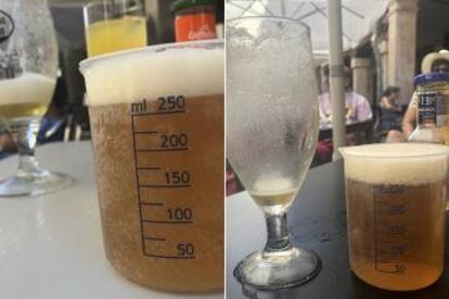 Desde la izquierda, caña de cerveza de 260 ml a 2,50 euros y caña de cerveza de 270 ml a 3,70 euros.