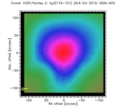 Mapa del agua en el cometa Hartley 2, según los datos del satélite <i>Odin</i> el 29 de octubre de 2010.