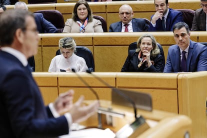 El líder del PP, Alberto Núñez Feijóo, era observado por el presidente del Gobierno, Pedro Sánchez, en el pleno del Senado del 31 de enero. 