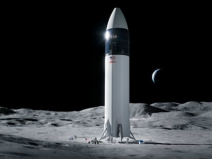 Recreación de la nave SpaceX Starship para llevar astronautas de la NASA a la luna.