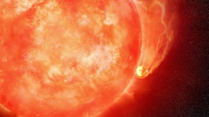 Representación artística que muestra a la estrella moribunda ZTF SLRN-2020 devorando a uno de sus planetas, una situación similar a la que vivirá la Tierra con el Sol en millones de años.
