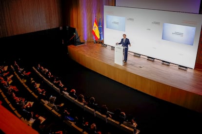 El ministro de Exteriores, José Manuel Albares, durante la inauguración de la octava Conferencia de Embajadores, este lunes en la sede del ministerio.