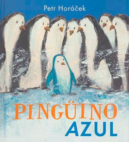 Había una vez un pingüino que nació de color azul, algo inusual. Los pingüinos le preguntaban si era de verdad un pingüino y el respondía que se sentía como un pingüino. Pingüino Azul hacía las mismas cosas que los demás pingüinos y, a pesar de no ser bueno en zambullirse y bucear, siempre lograba pescar un pez grande. No obstante, los pingüinos se fueron alejando de él hasta que lo dejaron solo. Pingüino Azul soñaba de día y de noche con que una ballena blanca que fuera en su busca y lo llevara lejos de la soledad. Así que se inventó una canción que cantaba todos los días. Pequeña Pingüino lo escuchaba y cada día se acerca más a él hasta que por fin le pidió que le enseñara esa canción tan bonita. Desde ese día se hicieron amigos. Un día Pingüino Azul decidió enseñarle una nueva canción. Esta última canción era tan mágica que los demás pingüinos se acercaron a ellos dos. Pronto quisieron aprenderla y de repente apareció la ballena blanca. ¿Se marcharía? "Pingüino Azul" de Petr Horáček se centra claramente en la discriminación por el color de la piel y en las diferencias motrices en un segundo plano. Es un libro que muestra que ser de un color u otro no importa y que cada uno tiene una habilidad especial. Es una buena obra para tratar el tema de la discriminación y la aceptación.