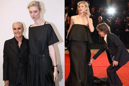 Maria Grazia Chiuri y Elizabeth Debicki, en el desfile de Dior p-v 2022; y Debicki, con Mick Jagger, en la presentación de ‘Una obra maestra’ en la Mostra de Venecia en 2019.