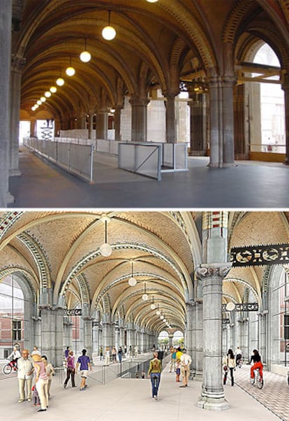 Dos imágenes (virtual arriba y real abajo) del controvertido pasaje que acogerá a peatones y ciclistas en el proyecto ideado por Ortiz y Cruz para la reforma del Rijksmuseum.