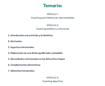 Captura de pantalla del temario del curso de 'health coach' de EnPhorma, que ya no está disponible en la página web.