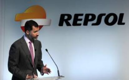 El Príncipe de Asturias durante su intervención en la inauguración de la nueva sede de Repsol en Madrid, cuya inauguración ha presidido hoy junto al presidente de la petrolera, Antonio Brufau.