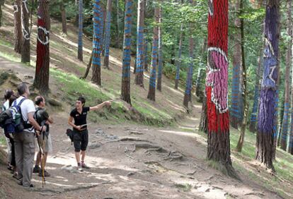 Visitantes catalanes durante un recorrido por el Bosque pintado en el Valle de Oma, en Gernika.