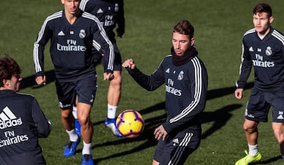 Sergio Ramos, este viernes en un entrenamiento en Valdebebas.