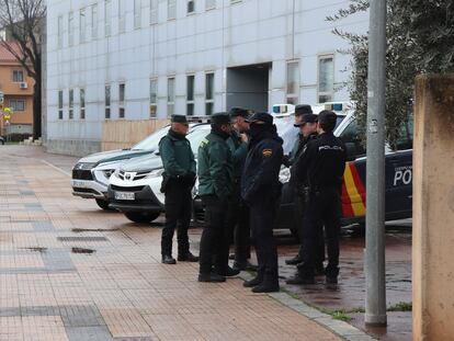Policías y guardias civiles en la entrada de los juzgados de Cáceres este sábado, durante la declaración judicial del autor confeso del crimen.