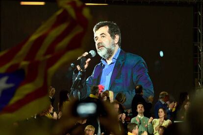 Imagen del presidente de la ANC, Jordi Sánchez, en prisión preventiva, que Junts per Catalunya proyectó en su mitin del pasado viernes.