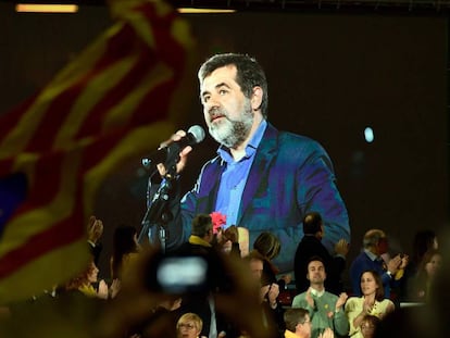 Imagen del presidente de la ANC, Jordi Sánchez, en prisión preventiva, que Junts per Catalunya proyectó en su mitin del pasado viernes.