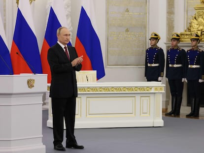 El presidente de Rusia, Vladímir Putin, durante la ceremonia para formalizar la anexión de provincias de Ucrania.