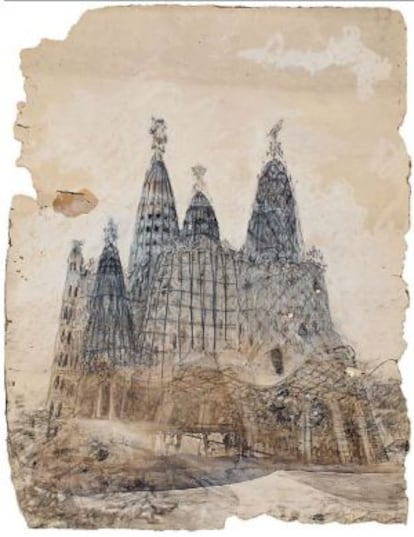 Dibujo con la perspectiva exterior de la iglesia de la colonia Güell, de Antoni Gaudí.