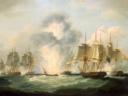 Óleo de Francis Sartorius sobre la explosión del buque <i>La Mercedes</i>.