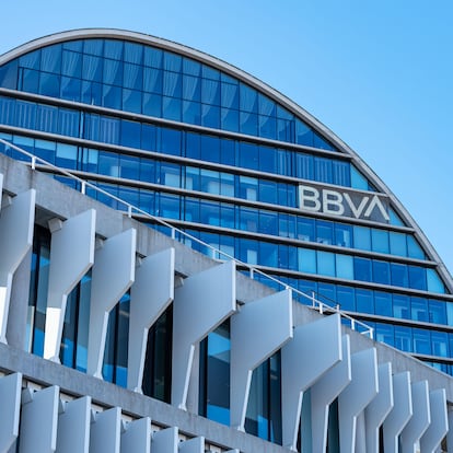 2N7WT7A Madrid, Spain, February 4, 2023: BBVA bank headquarters in Madrid on a clear day and blue sky, copyspace.