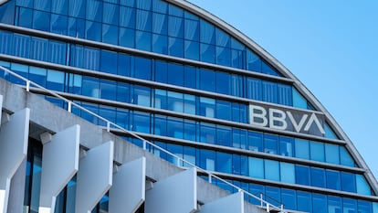 2N7WT7A Madrid, Spain, February 4, 2023: BBVA bank headquarters in Madrid on a clear day and blue sky, copyspace.