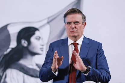 Marcelo Ebrard durante su participación en la conferencia matutina del 3 de abril de 2025, en Ciudad de México.