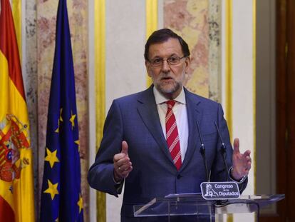 El presidente del Gobierno, Mariano Rajoy, hoy en la rueda de prensa del Congreso.