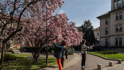 Two girls use their phones to take a photo of the flowering trees in Piazza Tommaseo on March 14, 2024 in Milan, Italy.