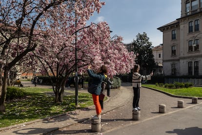 Two women stand on bollards as they use their mobile phone to take a picture of blossoming Magnolia soulangeana trees in Piazza Tommaseo on March 14, 2024 in Milan, Italy