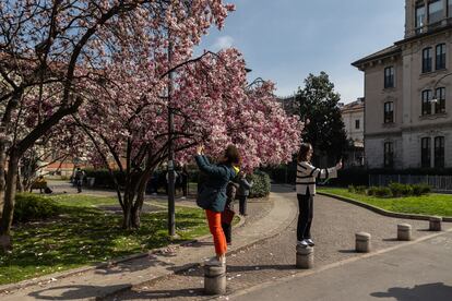 Two women stand on bollards as they use their mobile phone to take a picture of blossoming Magnolia soulangeana trees in Piazza Tommaseo on March 14, 2024 in Milan, Italy