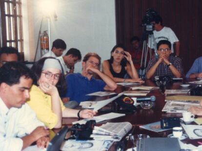 Garc&iacute;a M&aacute;rquez en un taller de su fundaci&oacute;n en 1995.
