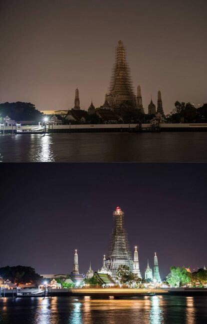 Templo Dawn de Bangkok (Tailandia),después y antes de la Hora del Planeta.