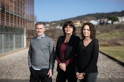 De izquierda a derecha, Joaquim Comas, Mira Petrovic y Maite Pijuan, fotografiados en los exteriores de la sede del ICRA, en Girona. 