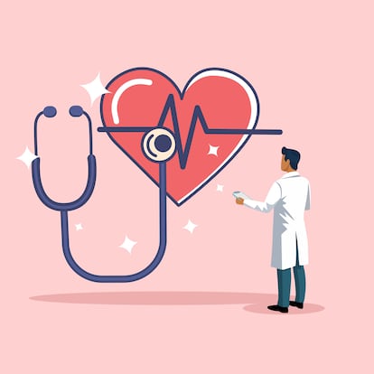 Health care illustration concept shows a doctor using a stethoscope measuring patient heart rate in the abstract concept.