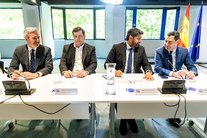 Los barones del Partido Popular Alfonso Rueda, Alfonso Fernández Mañueco, Fernando López Miras y Juan Manuel Moreno Bonilla, durante la reunión del Comité Ejecutivo Nacional.