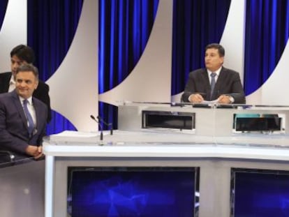 A&eacute;cio Neves e Dilma Rousseff em debate no SBT.