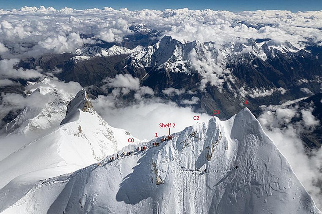 A la derecha, la cima verdadera del Manaslu. El punto señalado como C 2 es donde se creía que estaba la cima y desde el que no es posible ver la cima real.