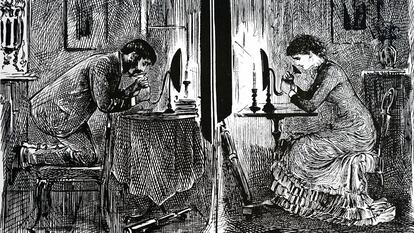 As&iacute; se imaginaba el caricaturista brit&aacute;nico George du Maurier en 1880 c&oacute;mo se podr&iacute;a usar el m&oacute;vil para ligar. Angelito... 