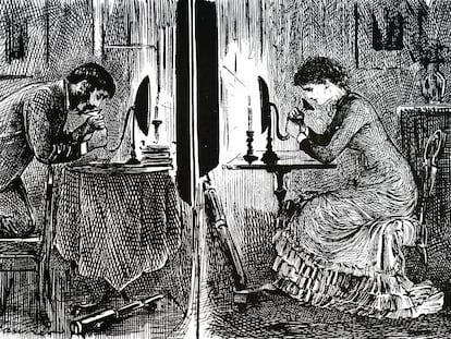 As&iacute; se imaginaba el caricaturista brit&aacute;nico George du Maurier en 1880 c&oacute;mo se podr&iacute;a usar el m&oacute;vil para ligar. Angelito... 