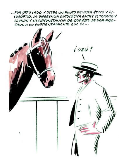 Un caballo intenta convencer con sutiles razones de la crueldad que supone la tauromaquia al picador, que responde con un argumento menos elaborado.