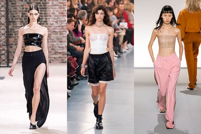 No podría calificarse de furor, sino de tímida aparición, pero el top palabra de honor ya hizo acto de presencia entre las colecciones primavera-verano 2020. En la imagen: Ann Demeulemeester, Chloé y Givenchy (pero también fue visto en otras firmas como Balmain o Dior).