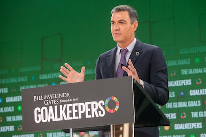 Pedro Sánchez pronuncia el discurso inaugural del evento Goalkeepers en Nueva York, organizado por la Fundación Bill y Melinda Gates anualmente para promocionar el avance hacia los Objetivos de Desarrollo Sostenible.