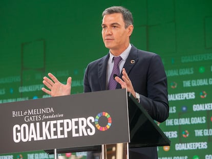 Pedro Sánchez pronuncia el discurso inaugural del evento Goalkeepers en Nueva York, organizado por la Fundación Bill y Melinda Gates anualmente para promocionar el avance hacia los Objetivos de Desarrollo Sostenible.