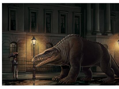 An imaginary reconstruction of an encounter between Charles Dickens and a Megalosaurus in the streets of London, in the book by paleontologist José Luis Sanz.