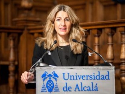 La vicepresidenta tercera y ministra de Trabajo, Yolanda Díaz, en las jornadas de la APIE y Orfin en la Universidad de Alcalá, este lunes.