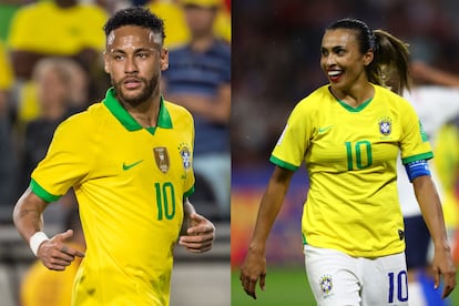 Neymar durante un partido en Los Ángeles en 2019, a la derecha, Marta de Brasil mira durante la Copa Mundial Femenina de la FIFA Francia 2019.