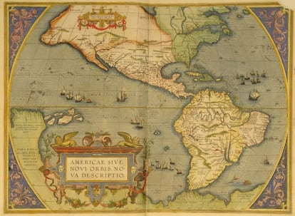 Mapa de Atlas Theatrum Orbis Terrarum de Abraham Ortelius. Año 1570. Museo naval. Exposición La exploración del Pacífico. 500 años de historia' que exhibirá Casa de América en Madrid, del 2 de octubre al 2 de febrero de 2014.