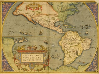 Mapa de Atlas Theatrum Orbis Terrarum de Abraham Ortelius. Año 1570. Museo naval. Exposición La exploración del Pacífico. 500 años de historia' que exhibirá Casa de América en Madrid, del 2 de octubre al 2 de febrero de 2014.